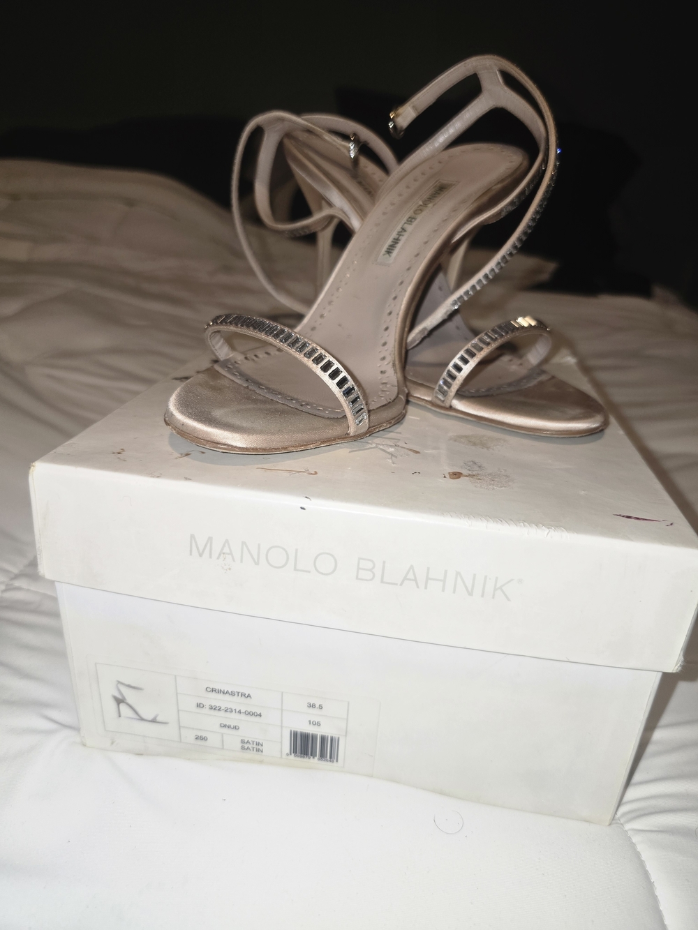 Manolo Blahnik Nude Satin Strappy Crystal Sandals